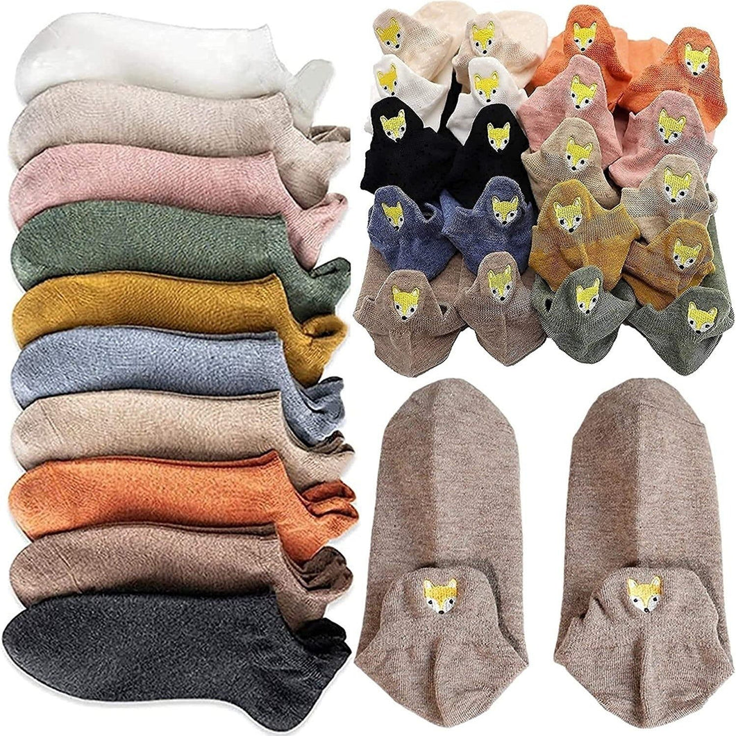 10 Pairs Women's Golden Fox Embroidered Cotton Ankle Socks