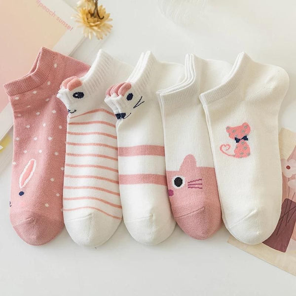 10 Pairs Women's Kitty Striped Pattern Boat Socks