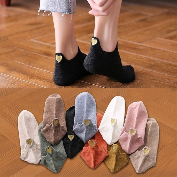 10pairs Women's Gold Embroidered Heart Ankle Cotton Socks