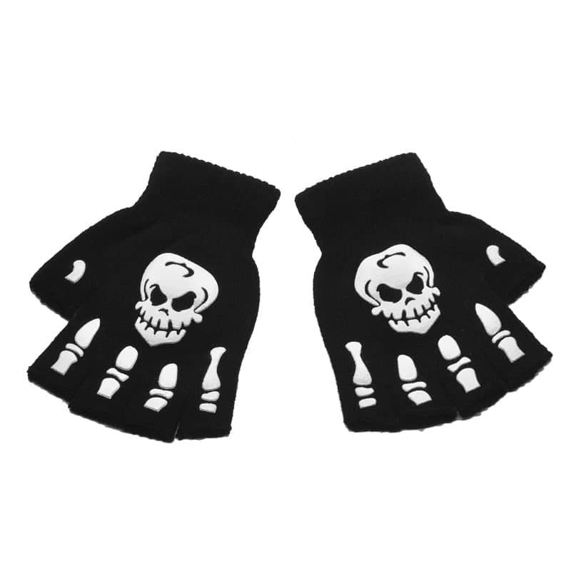 2 Pairs Halloween Skeleton Skull Half Finger Gloves